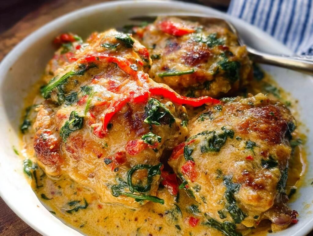 Close-up of crispy baked chicken thighs smothered in a creamy sauce with spinach and red peppers.
