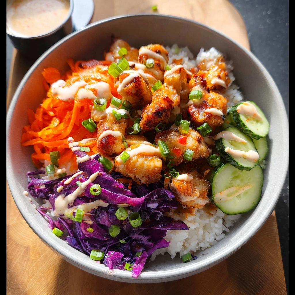 A close-up of a Crispy Bang Bang Chicken Bowls featuring rice, crispy chicken, shredded carrots, purple cabbage, and cucumber slices.