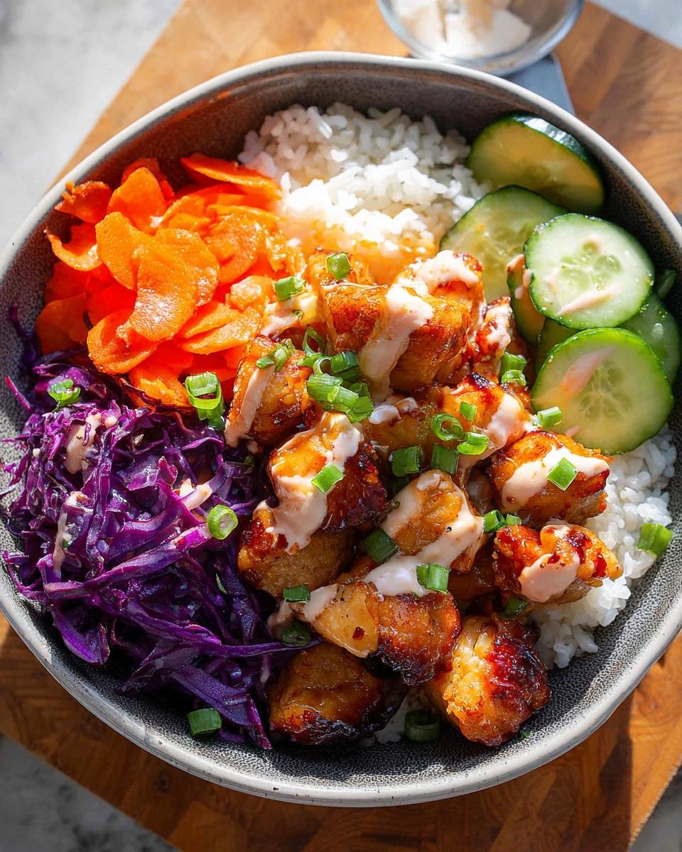 A vibrant bowl featuring Crispy Bang Bang Chicken Bowls over rice, topped with creamy sauce, purple cabbage, carrots, and cucumbers.