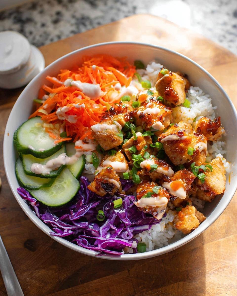 A close-up of a Crispy Bang Bang Chicken Bowl featuring rice, crispy chicken pieces, shredded carrots, cucumbers, and red cabbage.