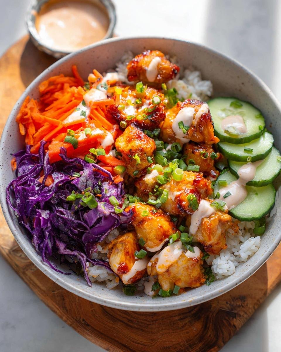A vibrant bowl featuring Crispy Bang Bang Chicken over rice, topped with shredded carrots, purple cabbage, cucumber slices, and creamy sauce.