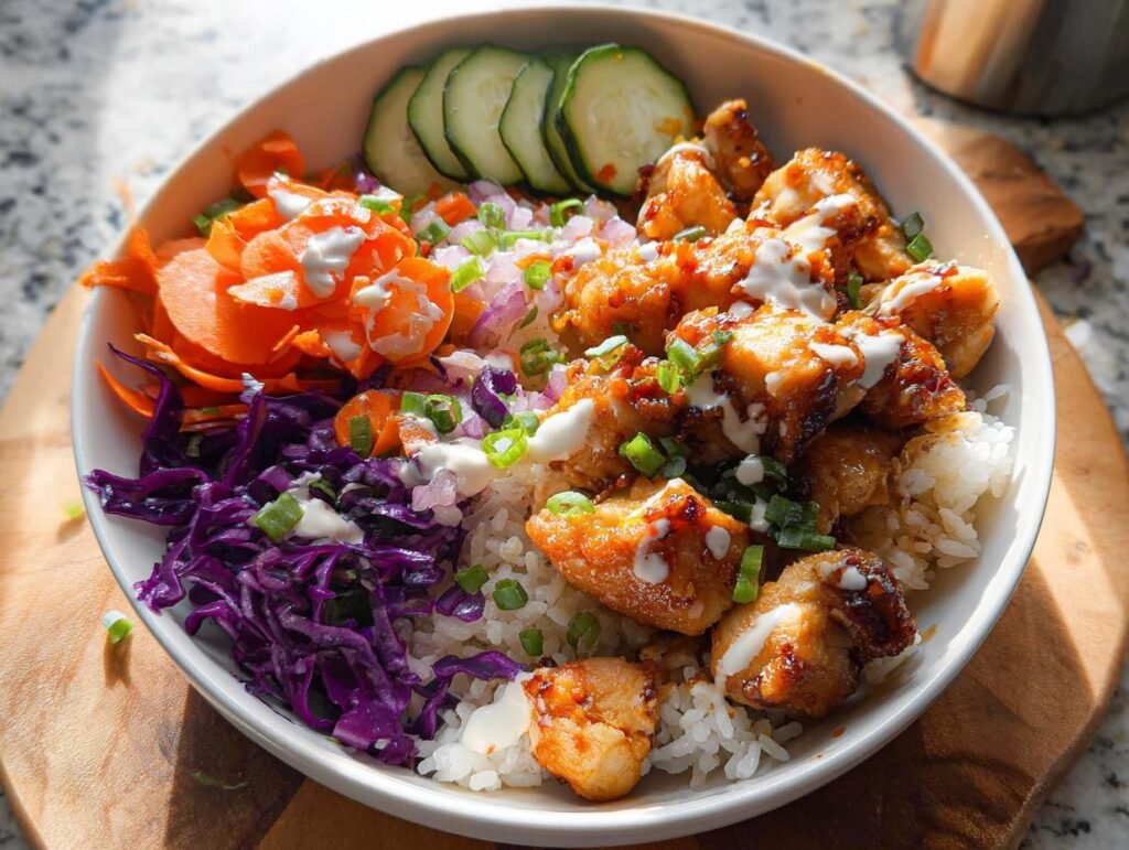 A vibrant bowl featuring crispy Bang Bang Chicken over rice, topped with purple cabbage, carrots, cucumbers, and a creamy drizzle.