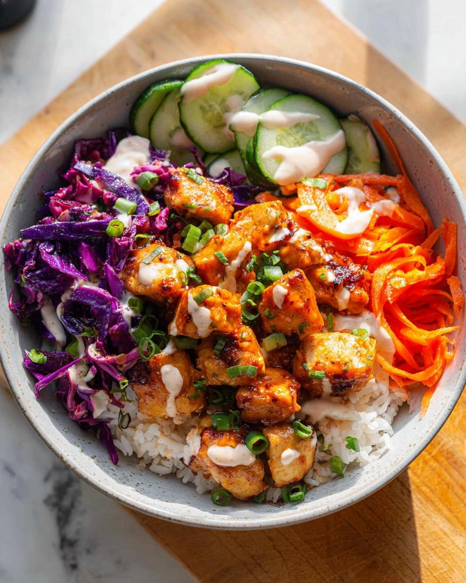 A bowl filled with rice, crispy bang bang chicken, shredded red cabbage, carrots, and cucumber slices, drizzled with sauce.