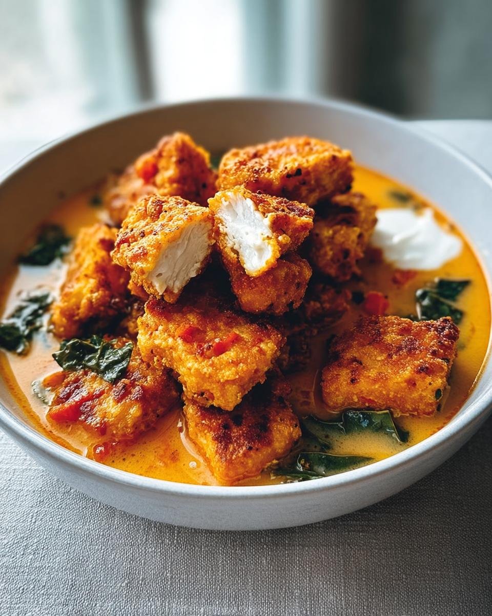 Close-up of crispy coated chicken pieces in a creamy orange sauce with greens, perfect for Clean Eating Dinner Recipes Made Easy.