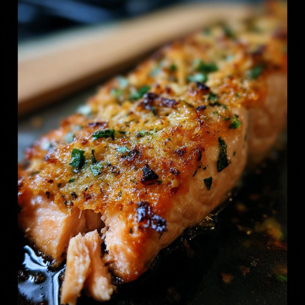 Close-up of a perfectly cooked Crispy Honey Garlic Glazed Salmon fillet with a golden crust.