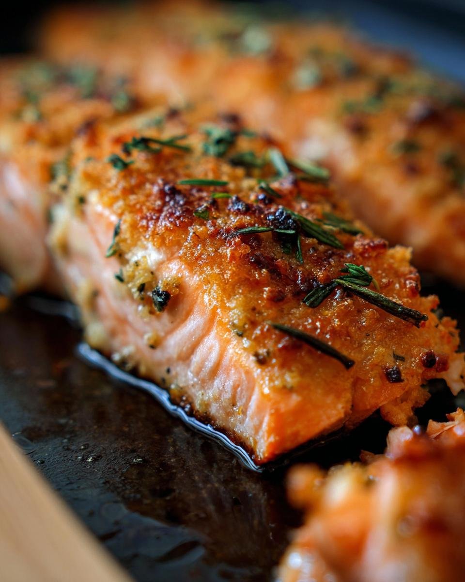 Close-up of a perfectly cooked Crispy Honey Garlic Glazed Salmon fillet with a caramelized top and fresh rosemary.