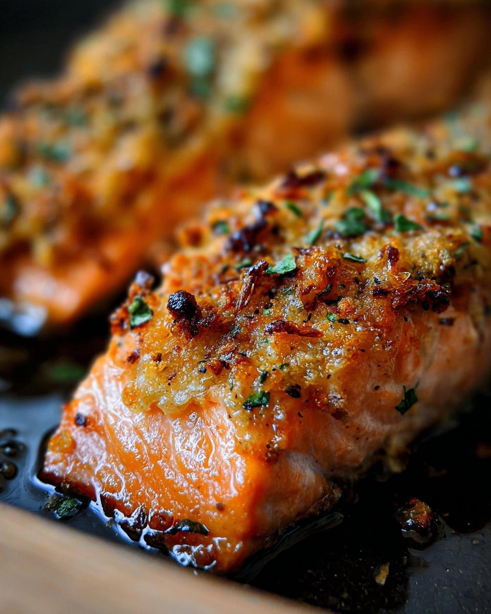 Close-up of a perfectly baked Crispy Honey Garlic Glazed Salmon fillet with a golden, herbed topping.