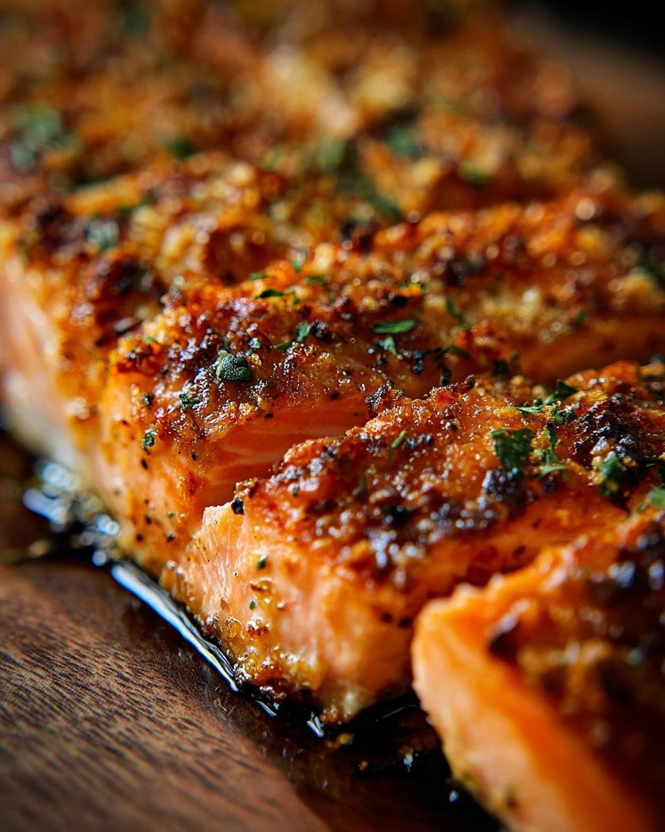 Close-up of a perfectly cooked, glistening Crispy Honey Garlic Glazed Salmon fillet garnished with herbs on a dark wooden board.