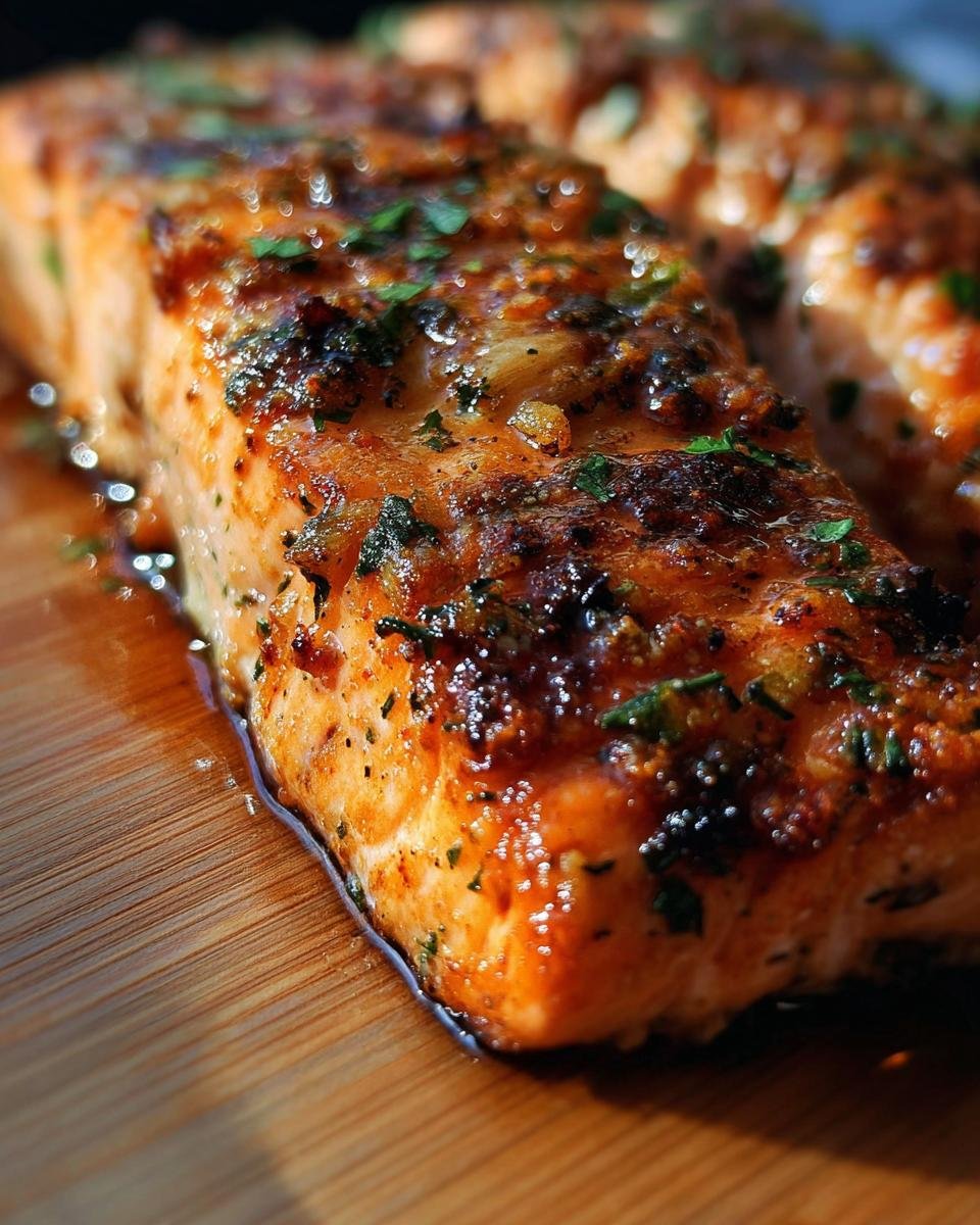 Close-up of a perfectly cooked, glistening Crispy Honey Garlic Glazed Salmon fillet topped with herbs.