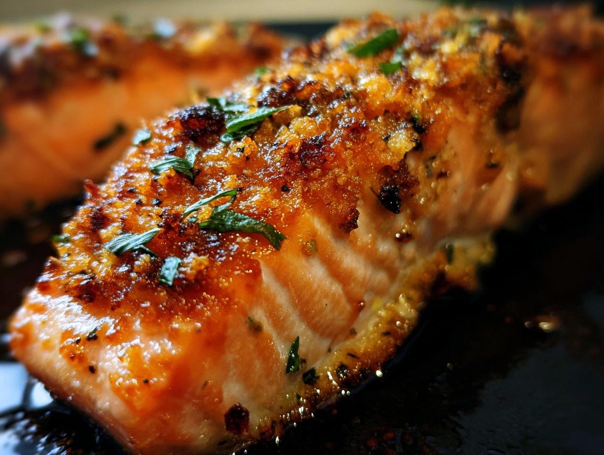 Close-up of a perfectly cooked Crispy Honey Garlic Glazed Salmon fillet with a golden, textured topping and fresh herbs.