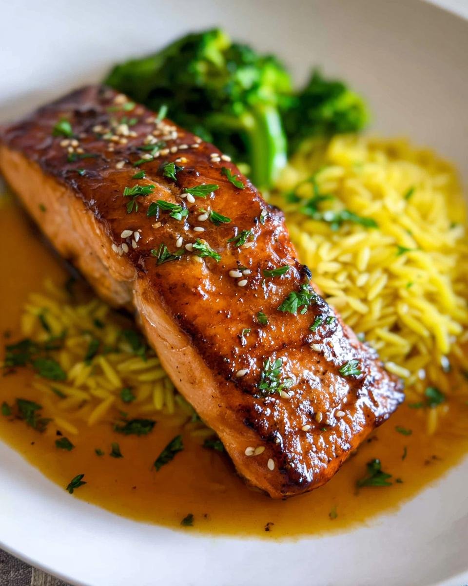 A perfectly cooked fillet of Crispy Honey Garlic Glazed Salmon served over yellow rice with broccoli.