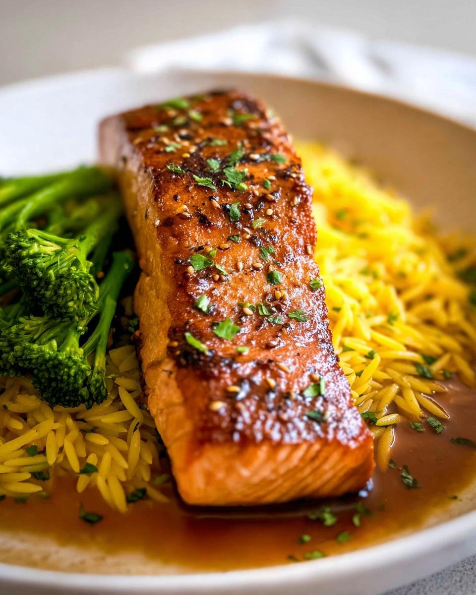 A close-up of a perfectly cooked, Crispy Honey Garlic Glazed Salmon fillet served over yellow orzo and steamed broccoli.