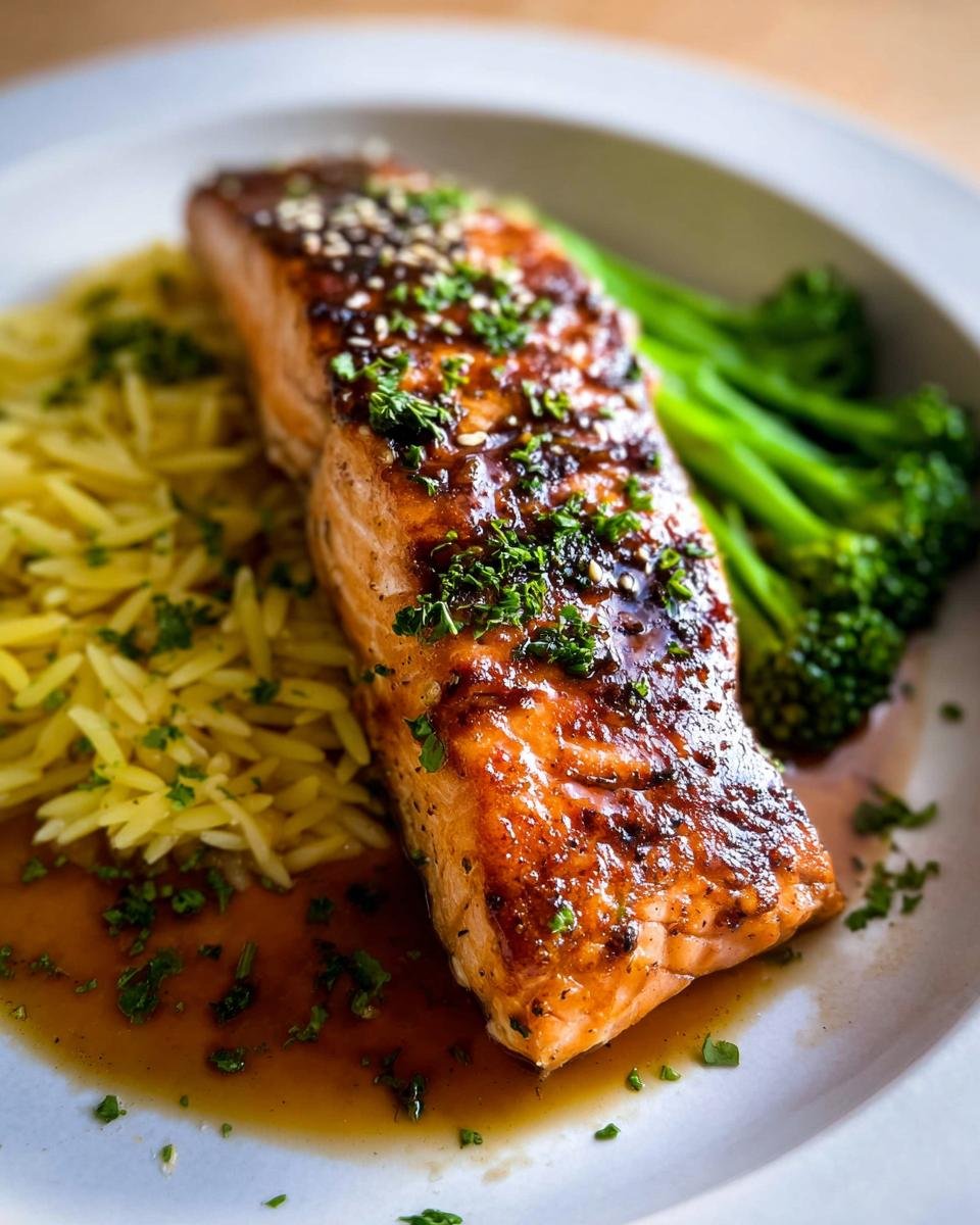 A close-up of Crispy Honey Garlic Glazed Salmon served with orzo pasta and steamed broccoli.