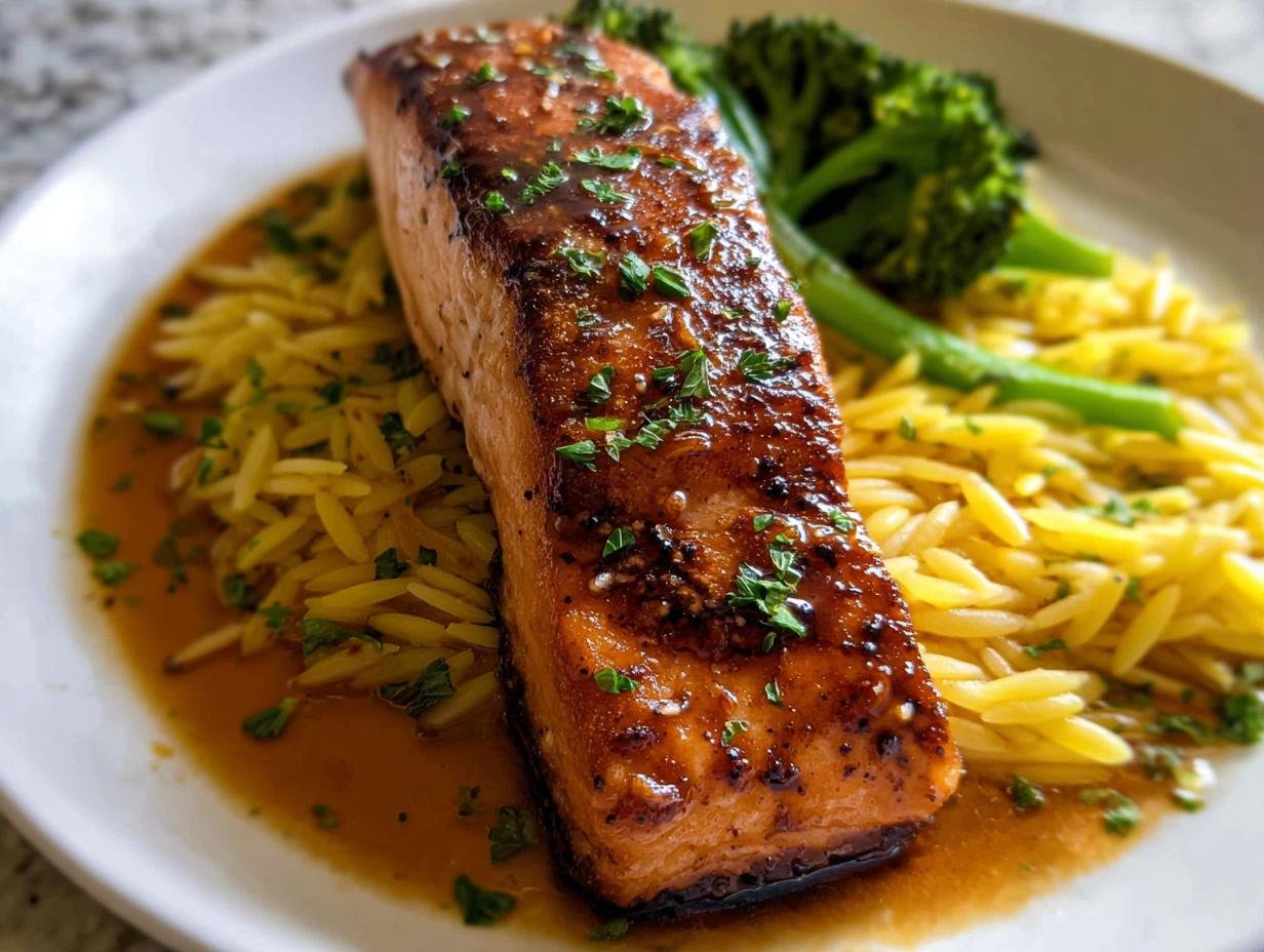 A perfectly cooked fillet of Crispy Honey Garlic Glazed Salmon served over orzo pasta with broccoli.