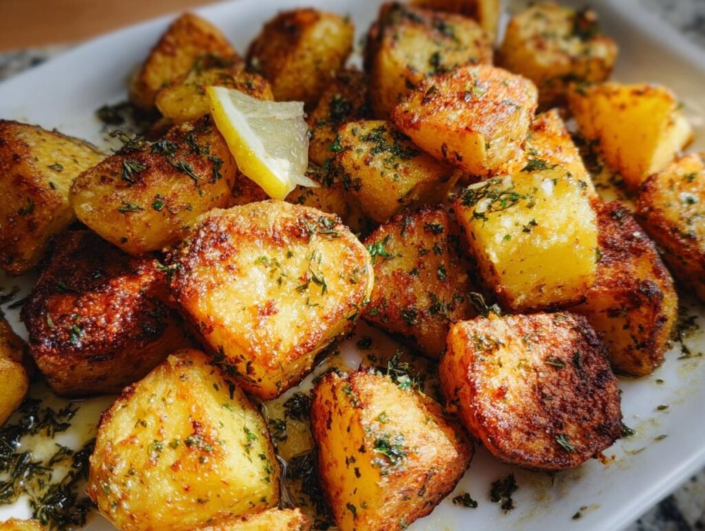 Close-up of golden, crispy roast potatoes seasoned with herbs and served with a lemon wedge.