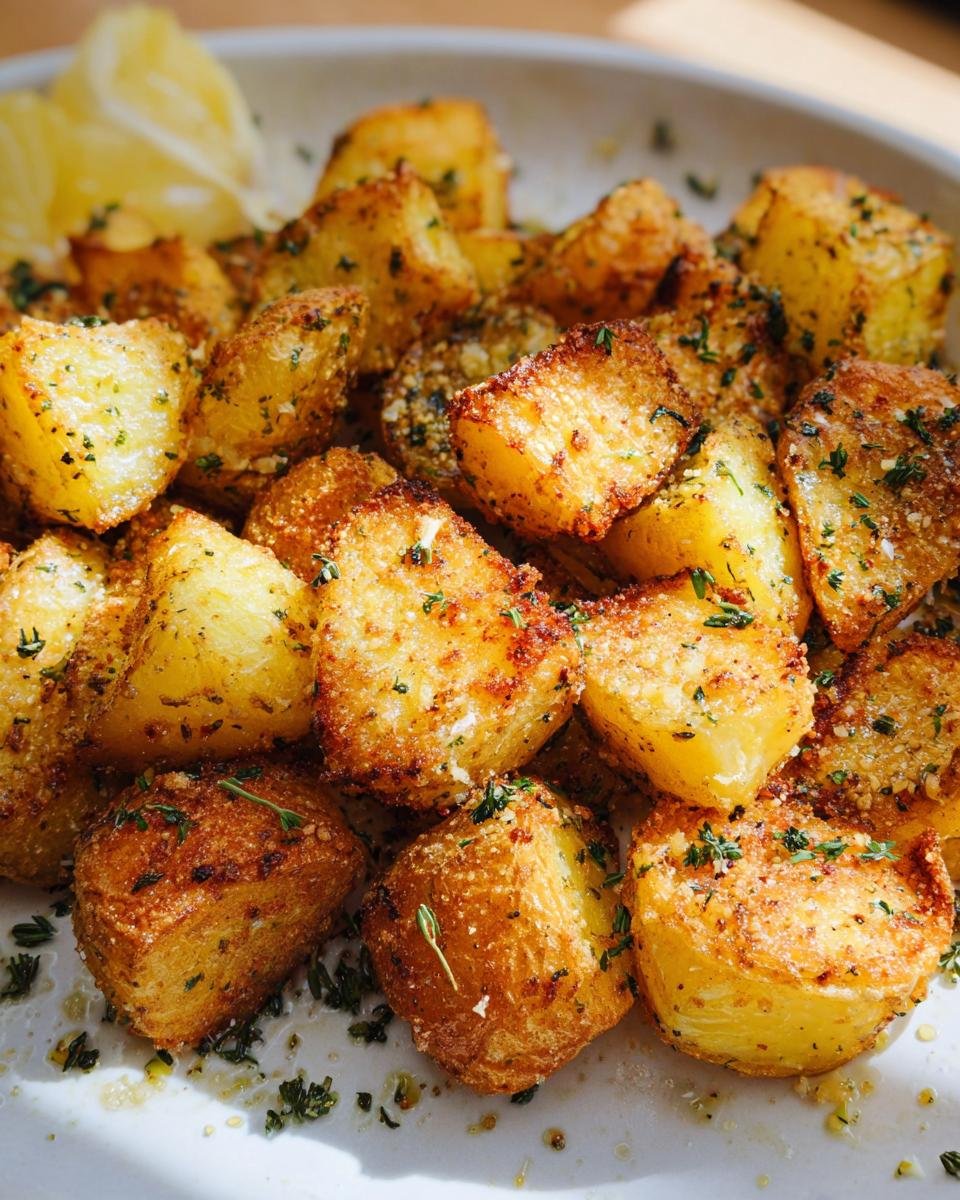 Close-up of perfectly golden, crispy roast potatoes seasoned with herbs and spices.