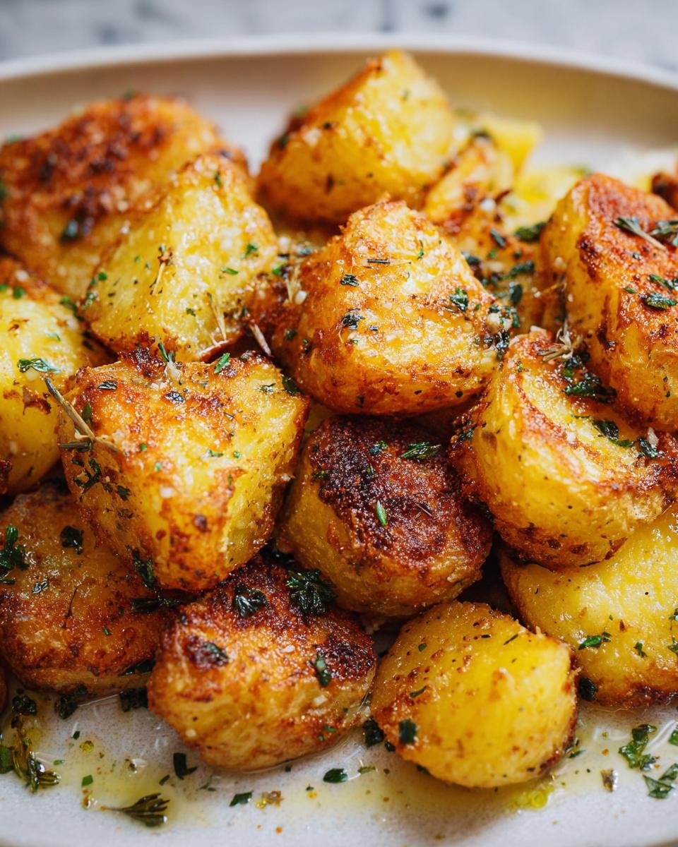 Close-up of golden brown, crispy roast potatoes seasoned with herbs and garlic.