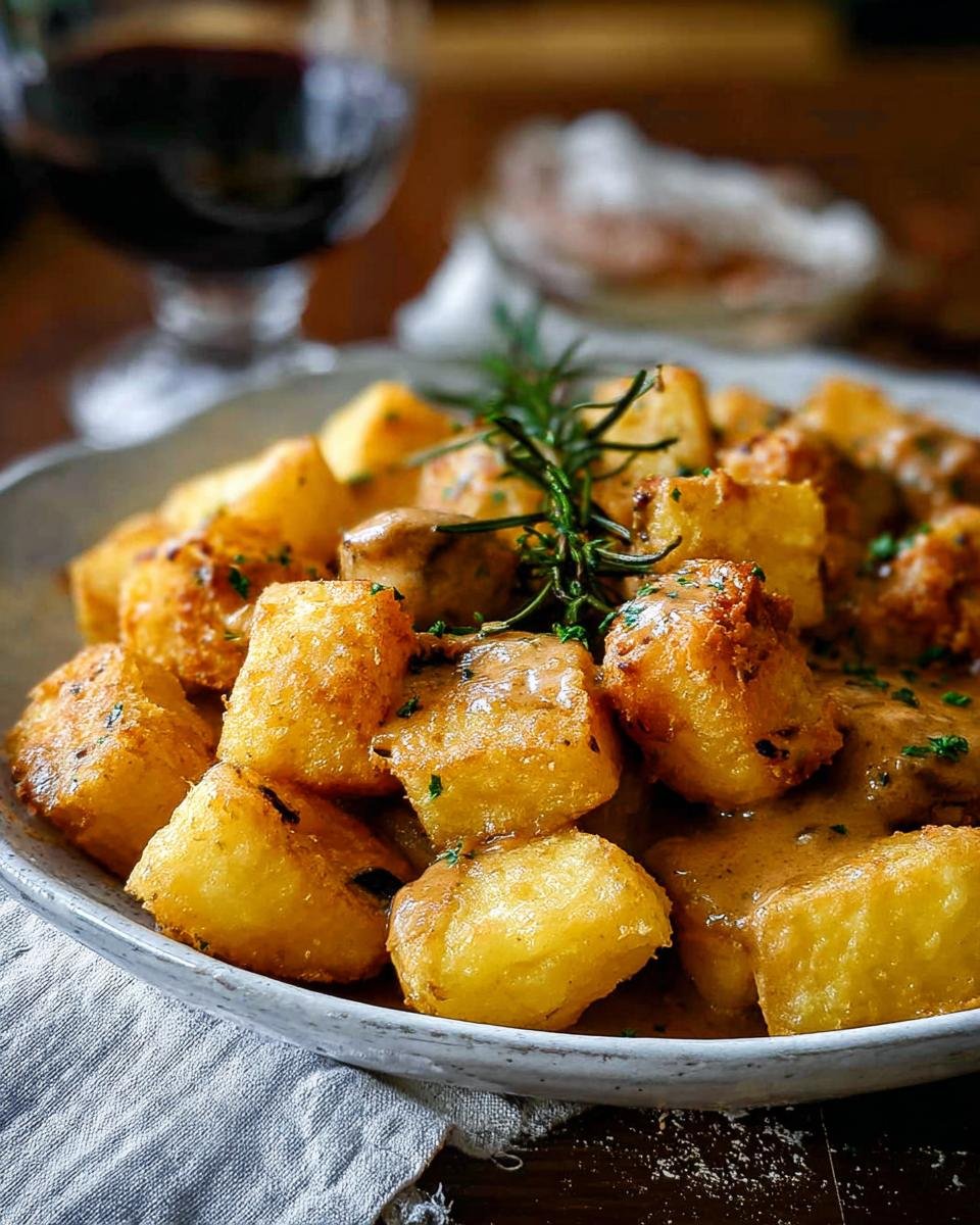 Golden, crispy roast potatoes smothered in brown gravy and garnished with rosemary.
