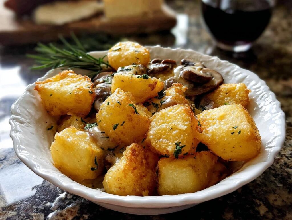 Golden, crispy roast potatoes served in a white bowl with creamy mushroom sauce and a sprig of rosemary.
