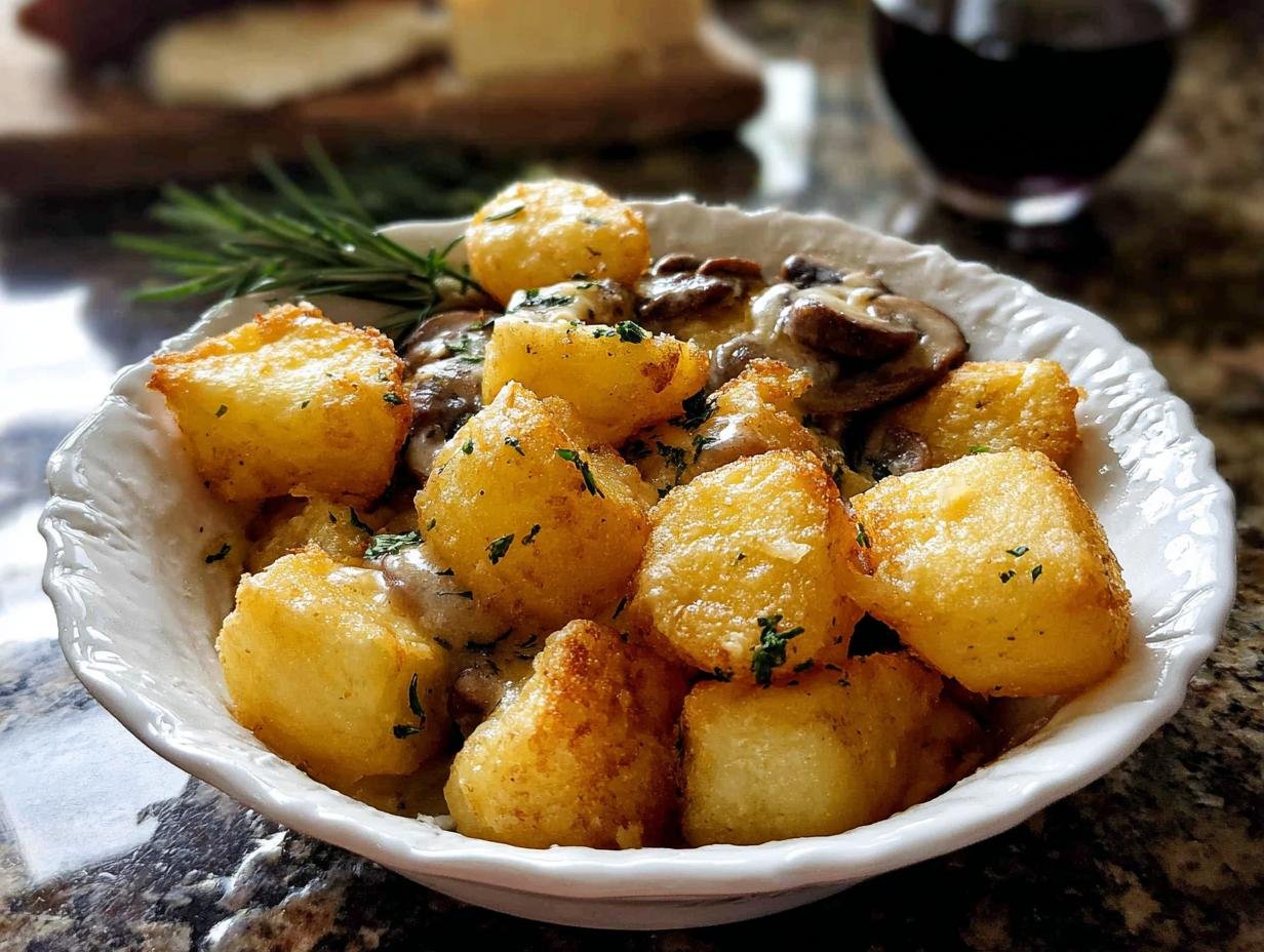 Golden, crispy roast potatoes served in a white bowl with creamy mushroom sauce and a sprig of rosemary.