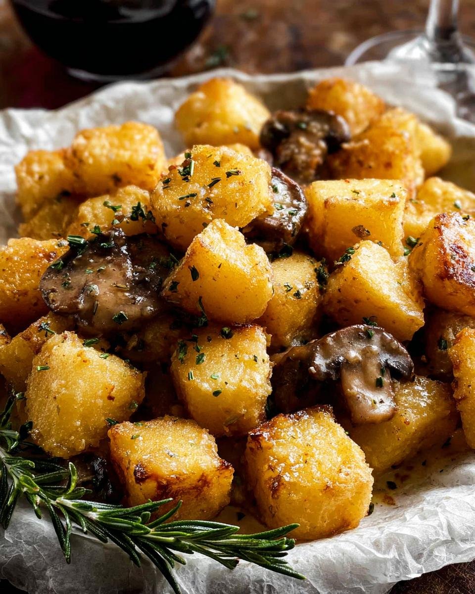 Close-up of golden, crispy roast potatoes mixed with sautéed mushrooms and garnished with rosemary.