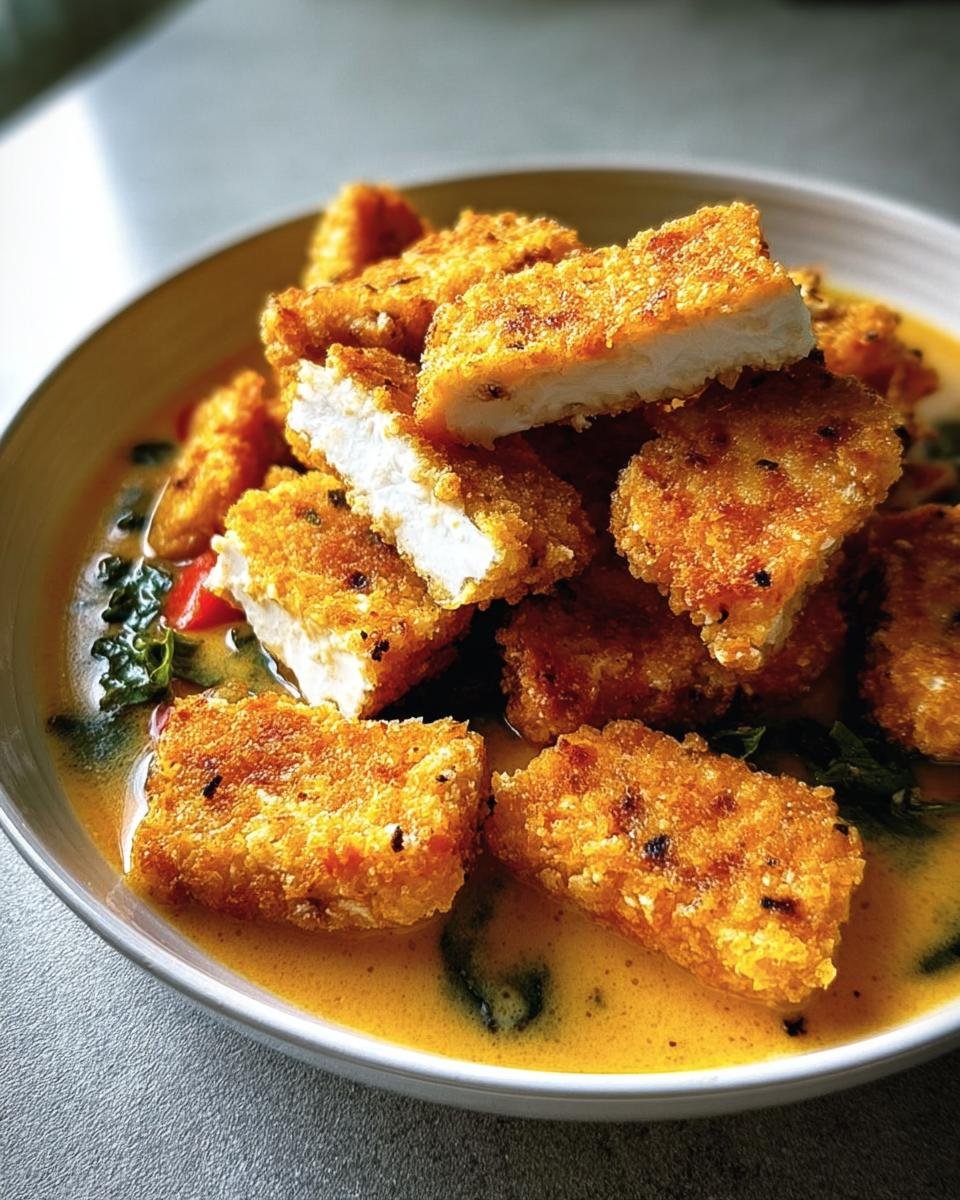Close-up of crispy, breaded tofu pieces served in a vibrant yellow curry sauce with greens, perfect for Clean Eating Dinner Recipes Made Easy.