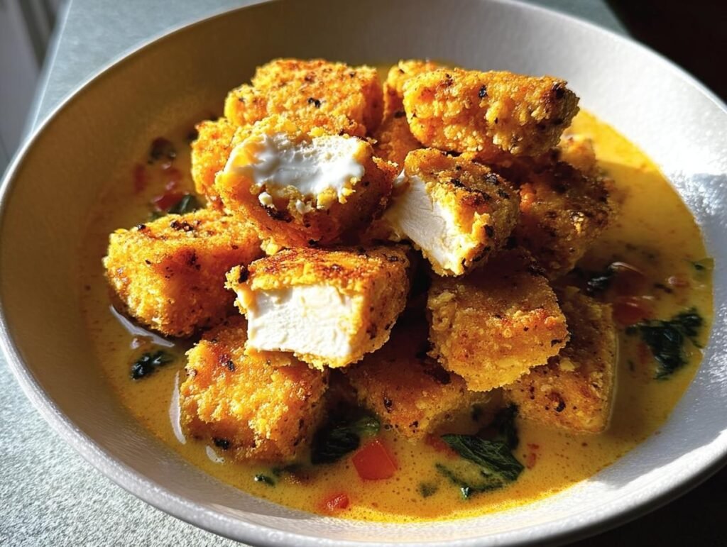 Close-up of crispy, breaded tofu pieces served in a creamy yellow sauce with spinach, perfect for clean eating dinner recipes made easy.