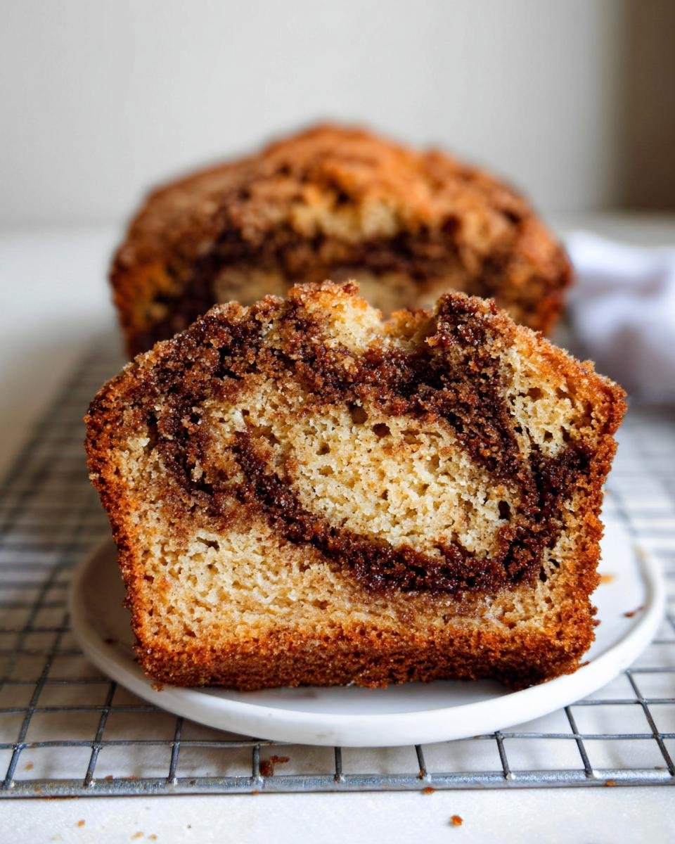 Close-up of a slice of Dorm-Friendly banana bread showing a rich cinnamon swirl pattern.