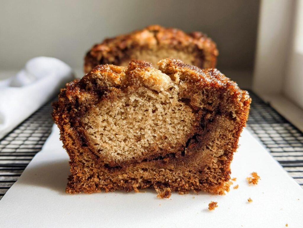 Close-up of a moist slice of Dorm-Friendly banana bread showing a rich cinnamon swirl center.