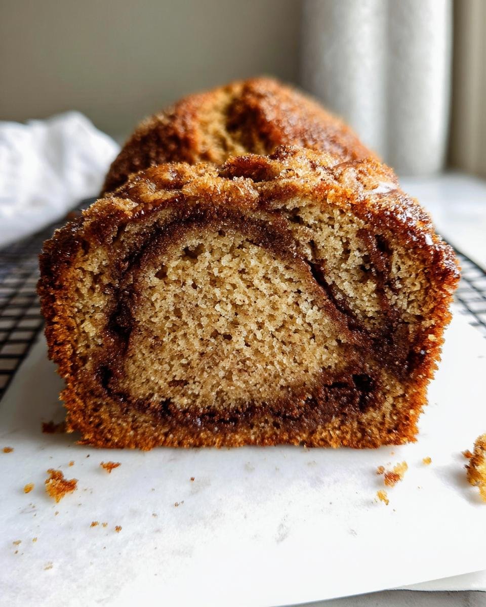 Close-up of a slice of Dorm-Friendly banana bread showing a rich cinnamon swirl inside the moist crumb.