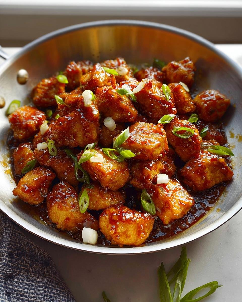 Close-up of Honey Garlic Chicken Bites coated in a sticky sauce and garnished with green onions in a metal skillet.