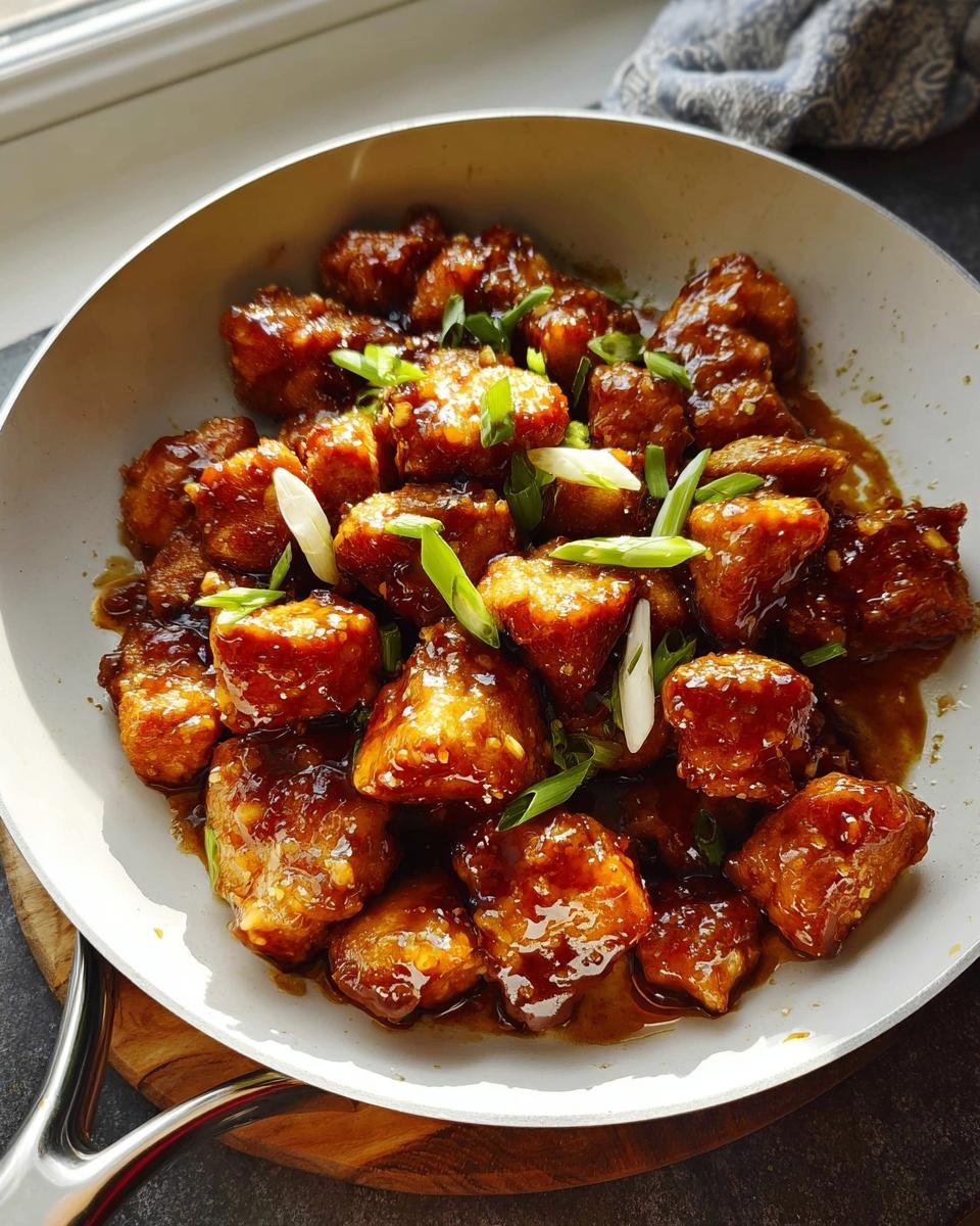 Close-up of glossy Honey Garlic Chicken Bites coated in sauce and topped with green onions in a white skillet.