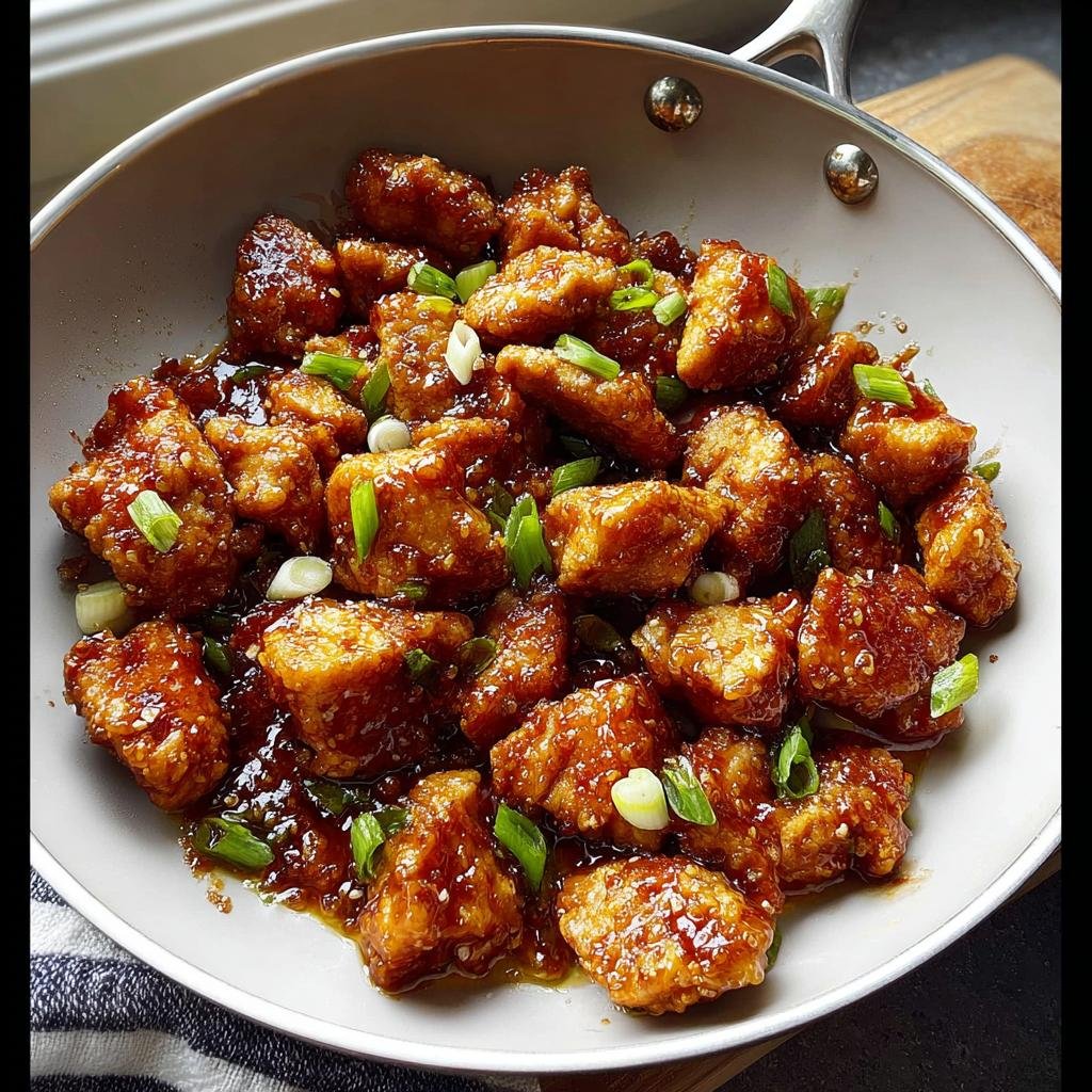 Close-up of Honey Garlic Chicken Bites coated in sticky sauce and garnished with green onions in a white skillet.