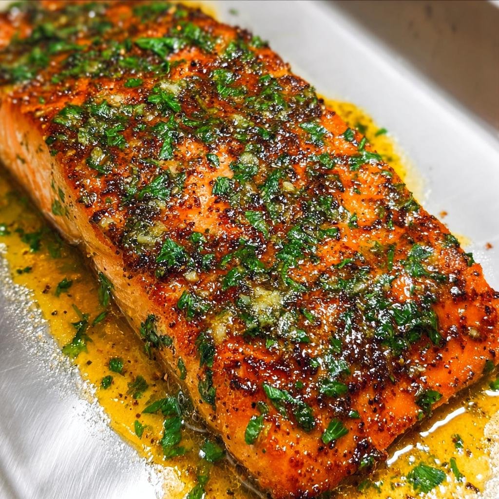 Close-up of a perfectly cooked, easy baked salmon recipe fillet topped with lemon, herbs, and butter sauce.