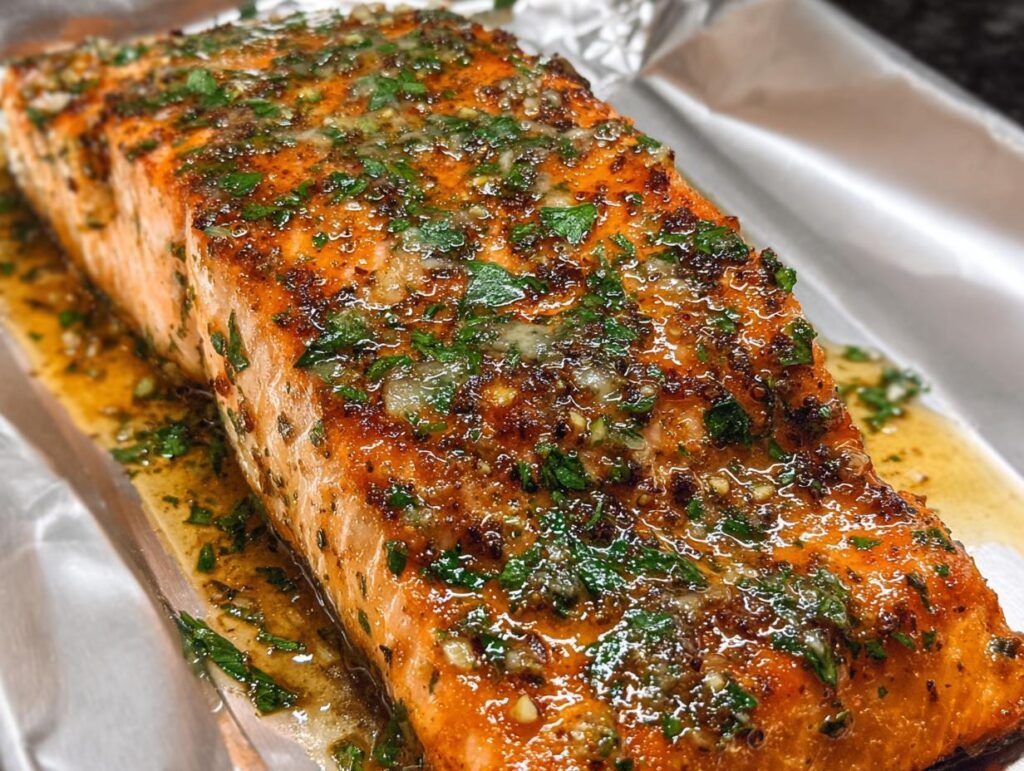 Close-up of a perfectly cooked Easy Baked Salmon Recipe fillet topped with lemon, garlic, and herbs.