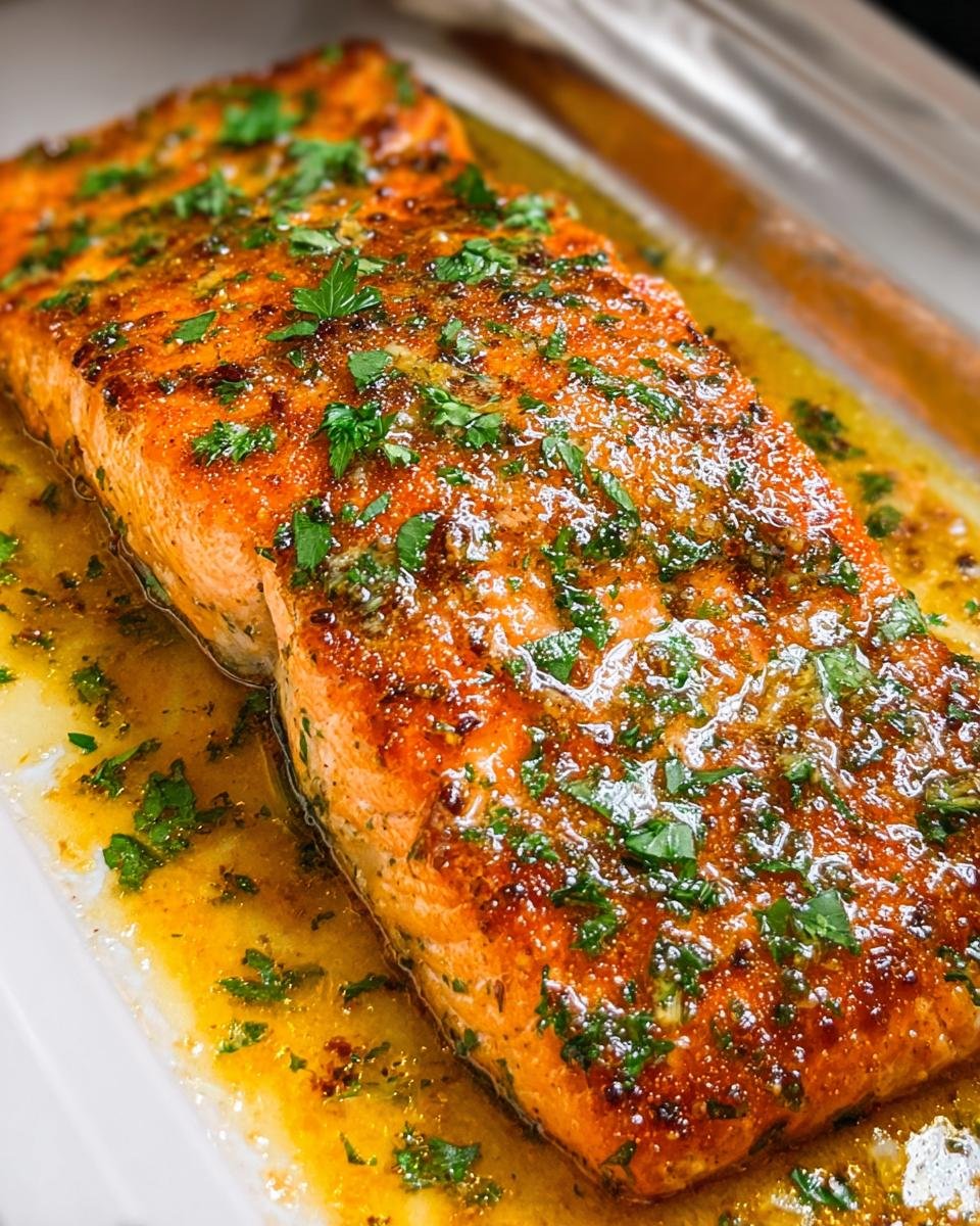 Close-up of perfectly baked salmon fillet glistening with lemon butter sauce and fresh parsley.