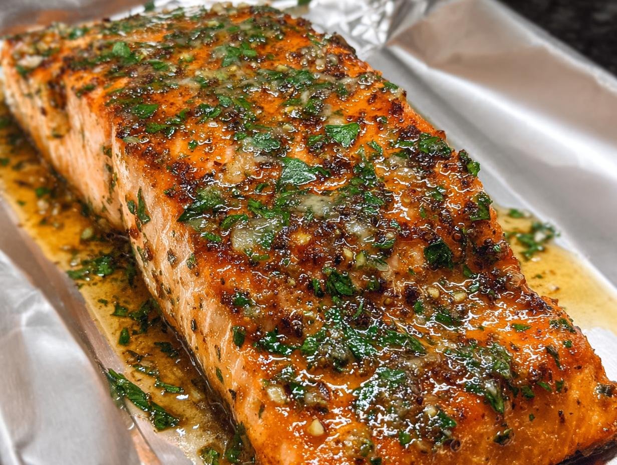 Close-up of a perfectly cooked Easy Baked Salmon Recipe fillet topped with lemon, garlic, and herbs.