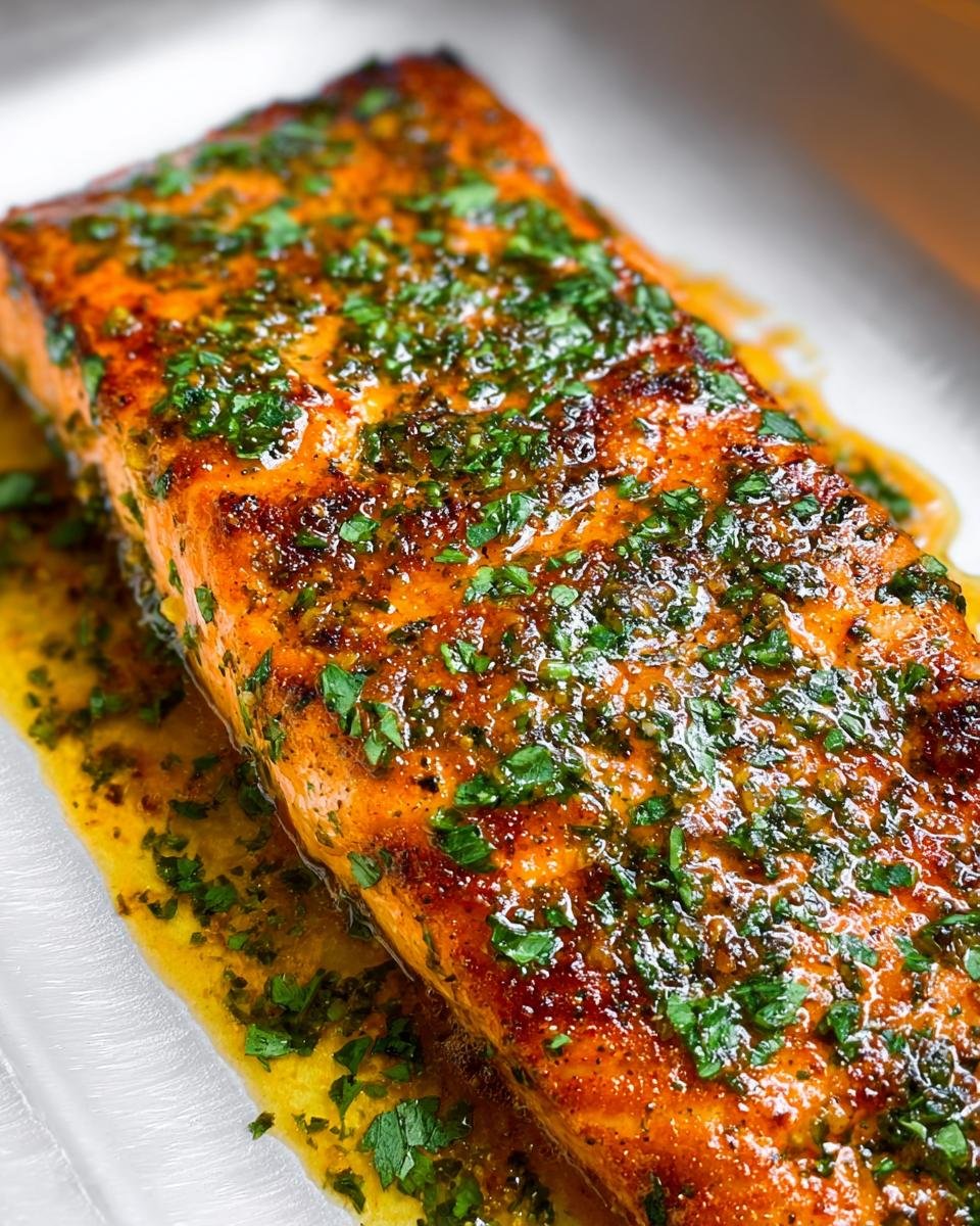 Close-up of perfectly baked salmon fillet topped with a glistening lemon and herb sauce.