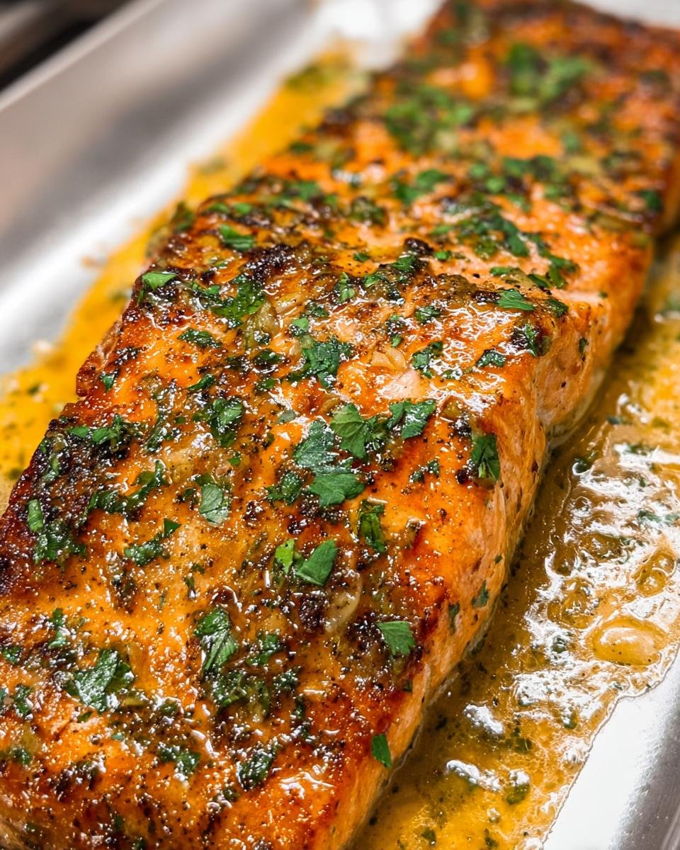 Close-up of a perfectly cooked, juicy baked salmon fillet covered in lemon herb butter sauce and fresh parsley.