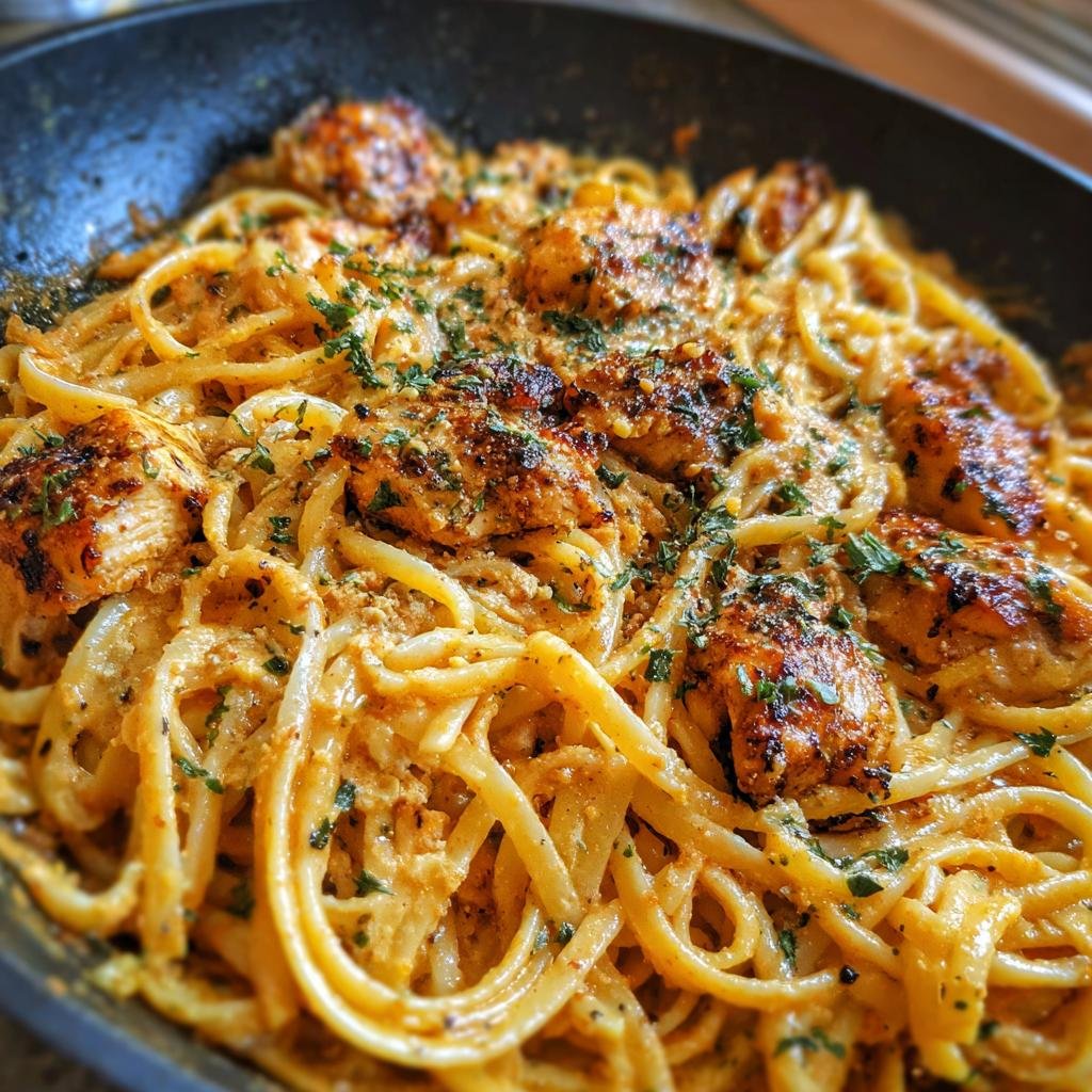 Close-up of creamy Cowboy Butter Chicken Linguine tossed with seasoned chicken pieces in a dark skillet.