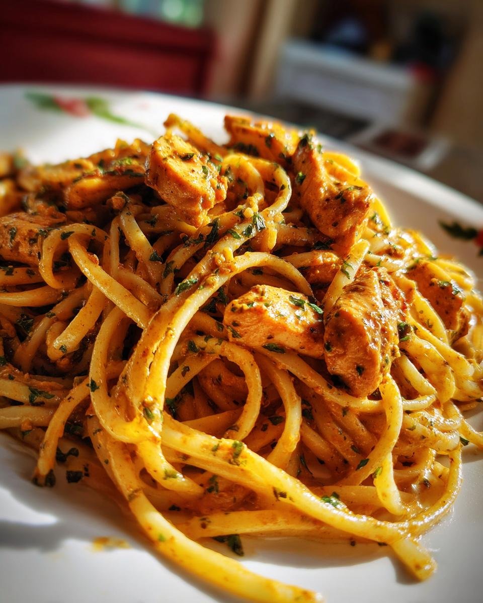 Close-up of creamy Cowboy Butter Chicken Linguine with chunks of seasoned chicken and parsley.