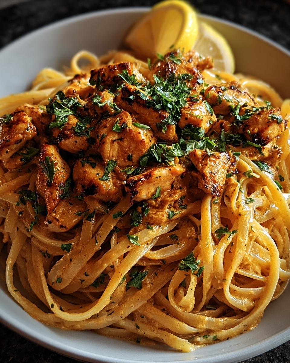 Close-up of Easy Cowboy Butter Chicken Linguine topped with seasoned chicken pieces and fresh parsley.