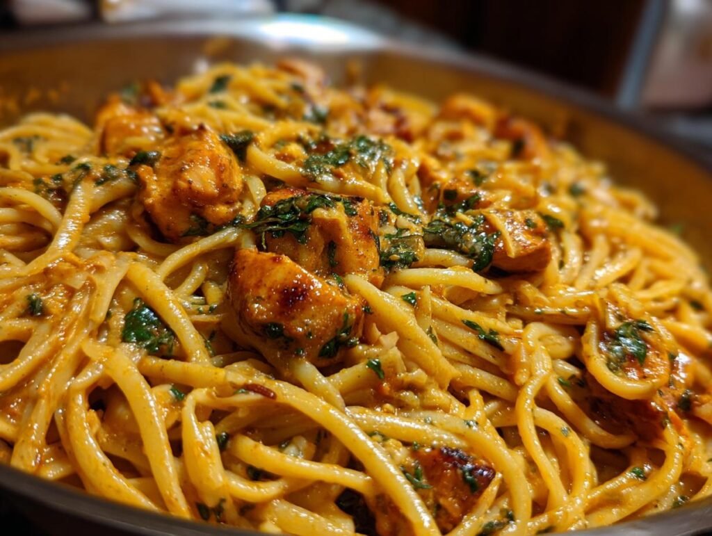 Close-up of creamy Cowboy Butter Chicken Linguine coated in a rich sauce with visible chunks of seasoned chicken.