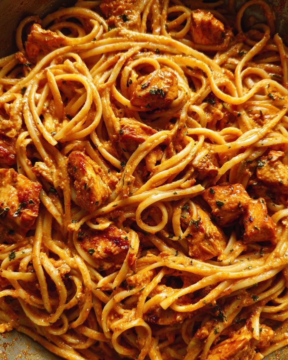 A close-up overhead shot of creamy Cowboy Butter Chicken Linguine coated in a rich, orange sauce with chunks of seasoned chicken.