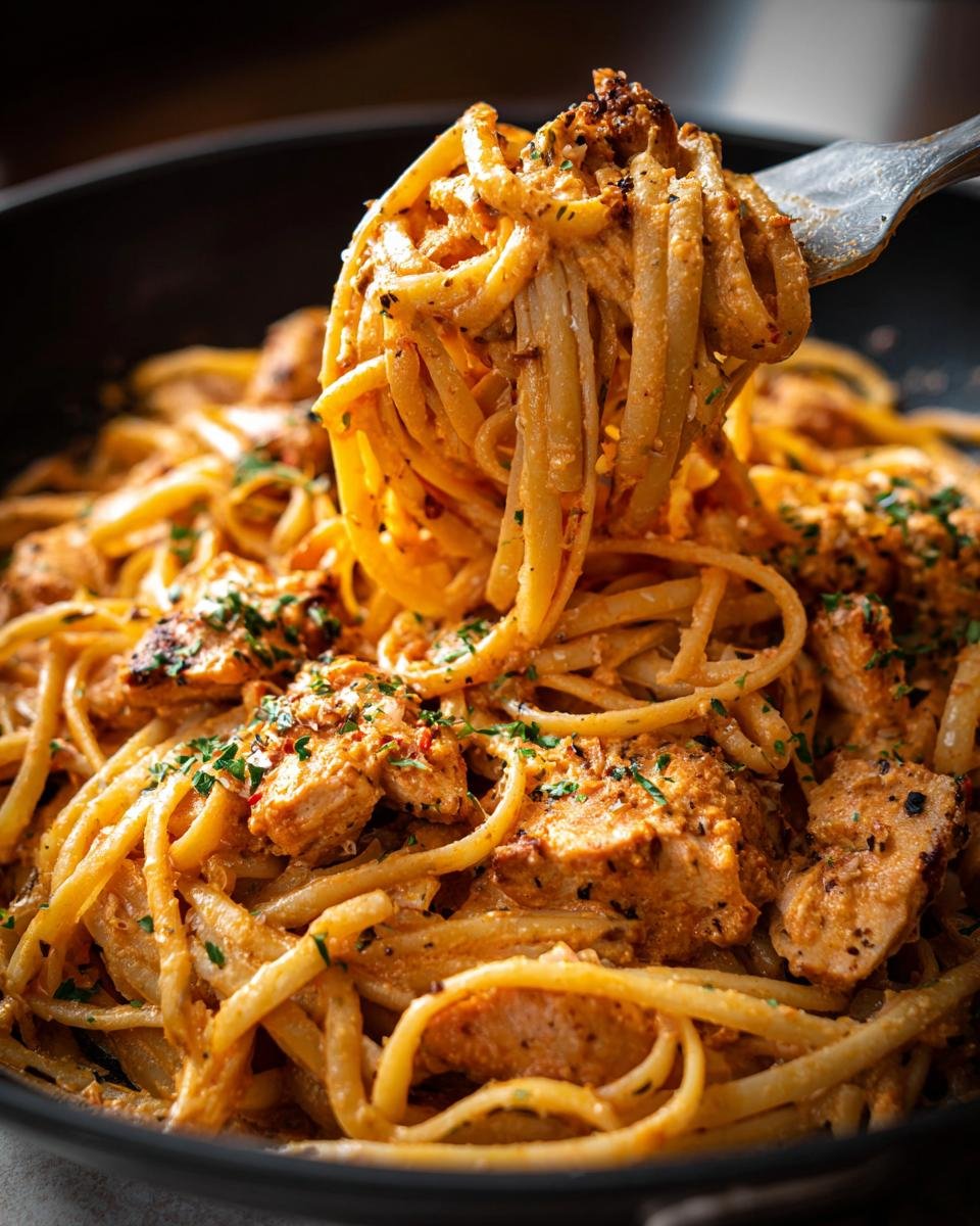 A fork lifting a generous portion of creamy Cowboy Butter Chicken Linguine coated in a rich sauce.