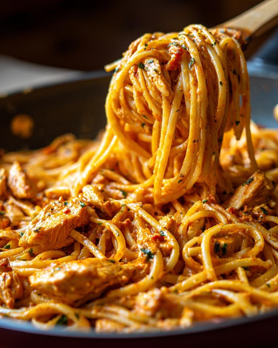 A wooden spoon lifts a generous portion of creamy Cowboy Butter Chicken Linguine from a skillet.