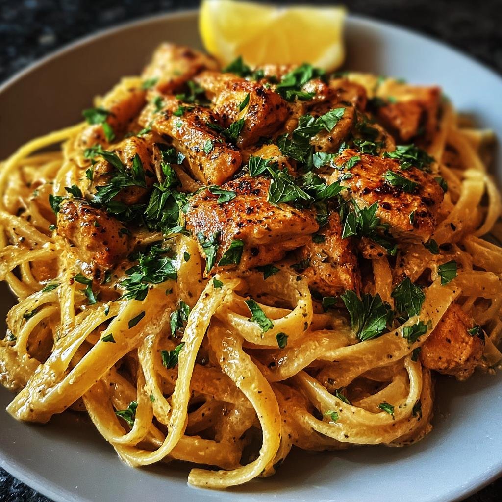 A close-up of creamy Cowboy Butter Chicken Linguine topped with seasoned chicken pieces and fresh parsley.