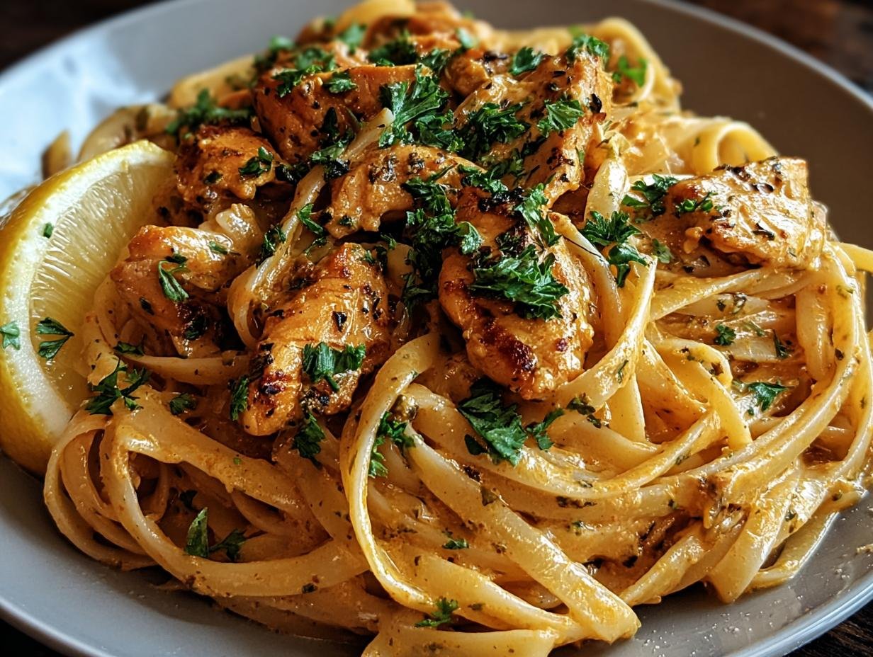 Close-up of Easy Cowboy Butter Chicken Linguine tossed in a creamy sauce, topped with chicken pieces and fresh parsley, served with a lemon wedge.