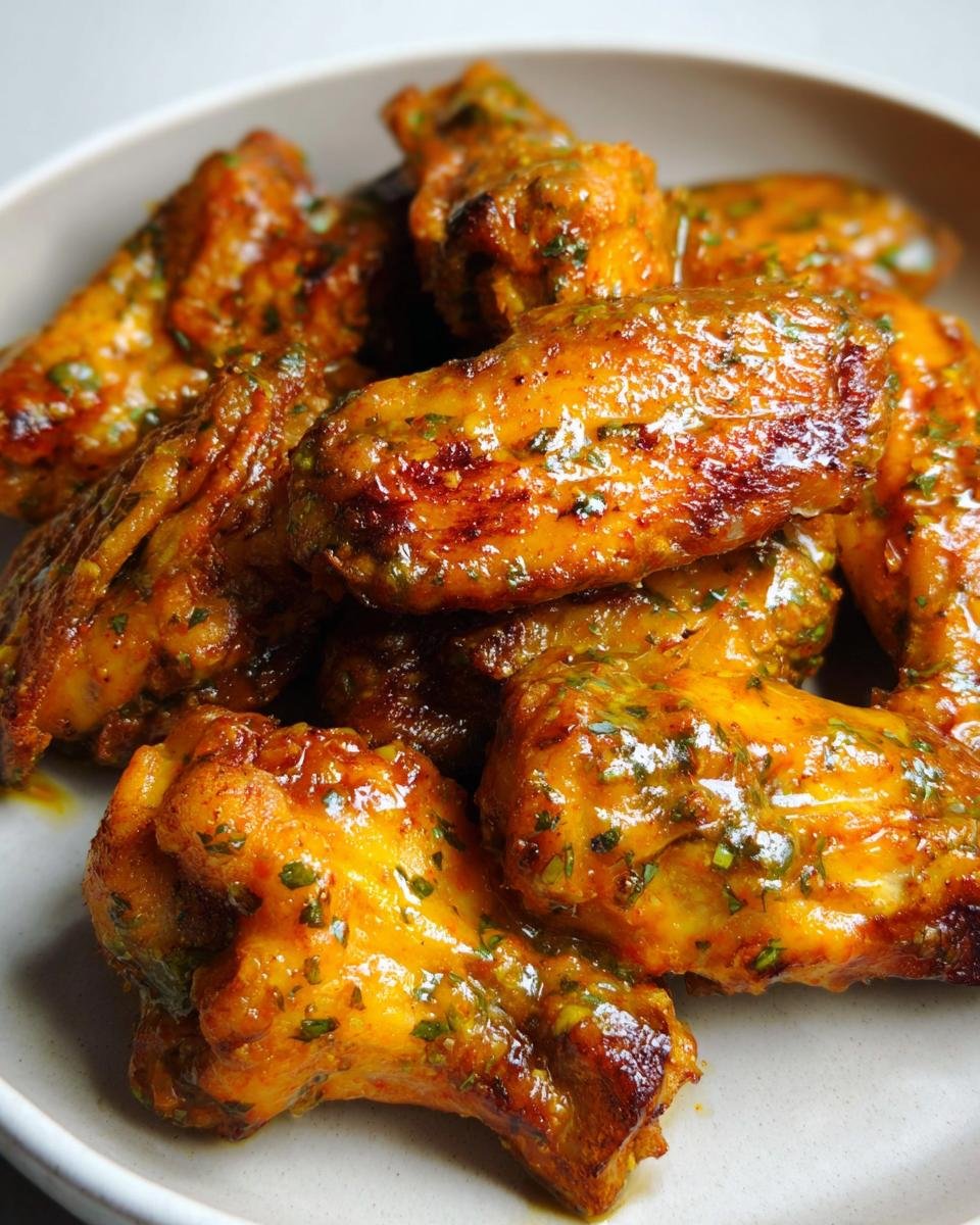 Close-up of glossy, herb-coated Easy Cowboy Butter Chicken Wings piled high in a light-colored bowl.