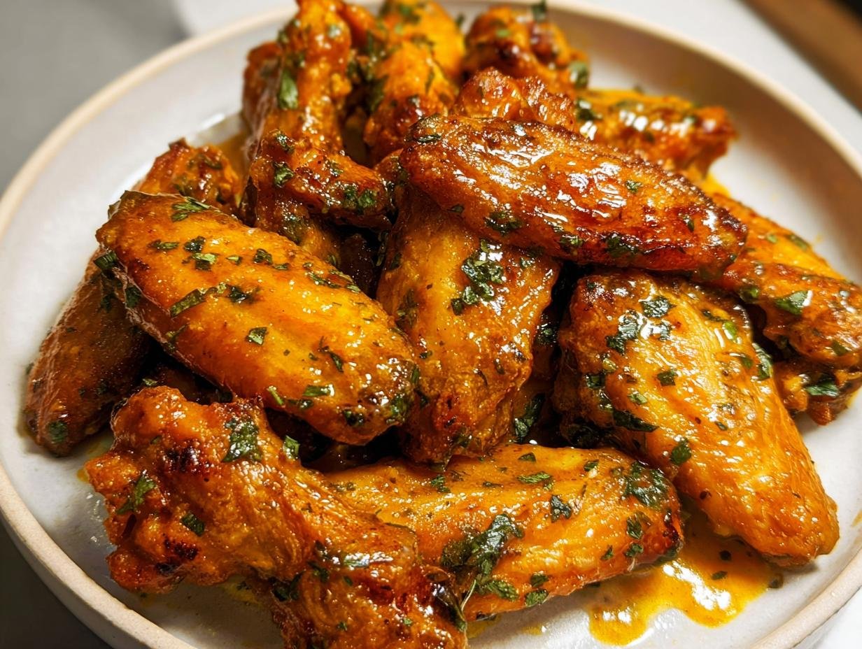 Close-up of glistening, orange-glazed Easy Cowboy Butter Chicken Wings topped with fresh green herbs.